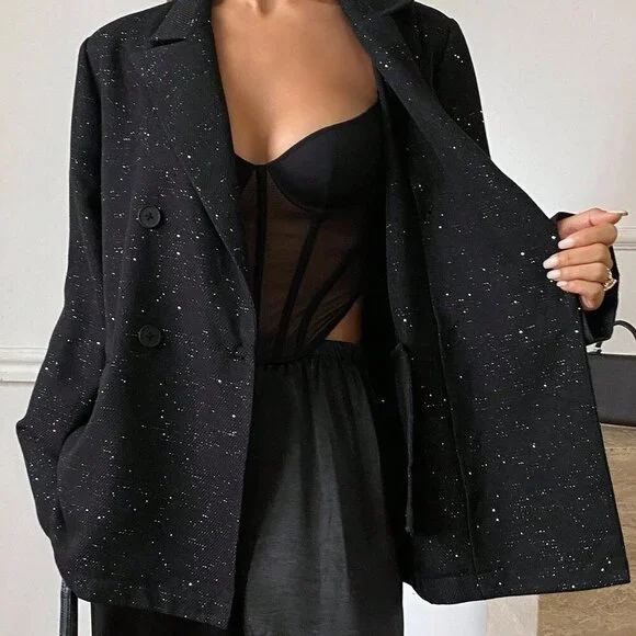 Black Elegant Women's Casual Sequin Blazer Jacket - Picture 4 of 7
